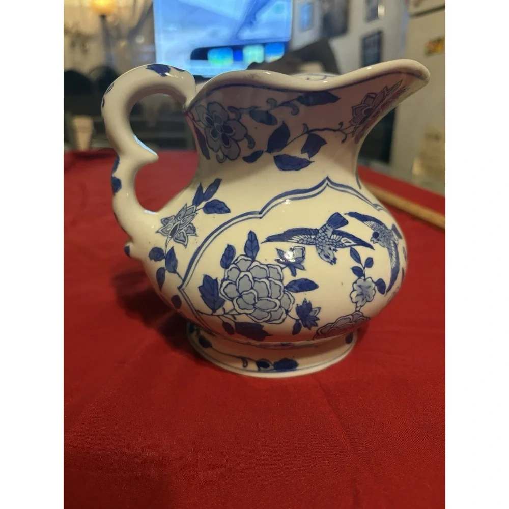 Vintage Andrea by Sadek Blue and White Ceramic Pitcher Birds & Floral 6